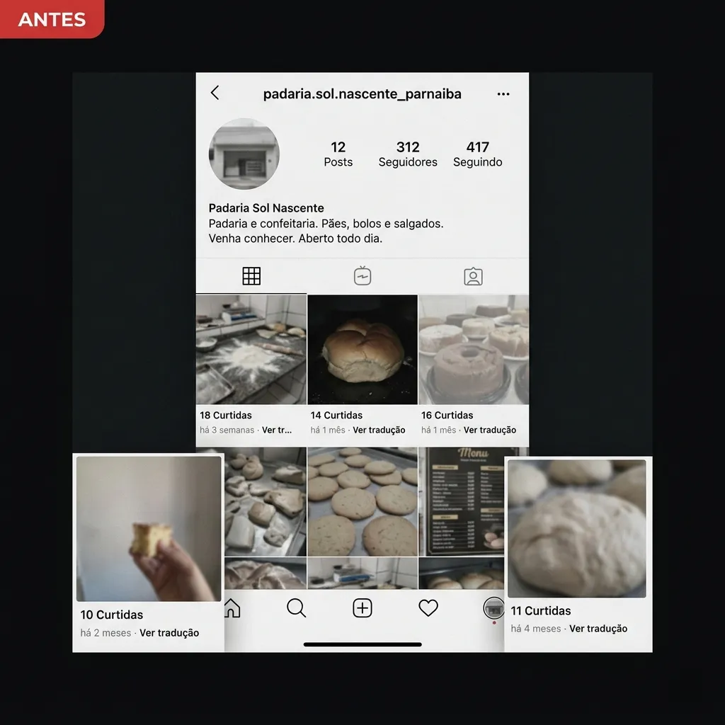Perfil de Instagram parado, com poucas fotos e baixo engajamento
